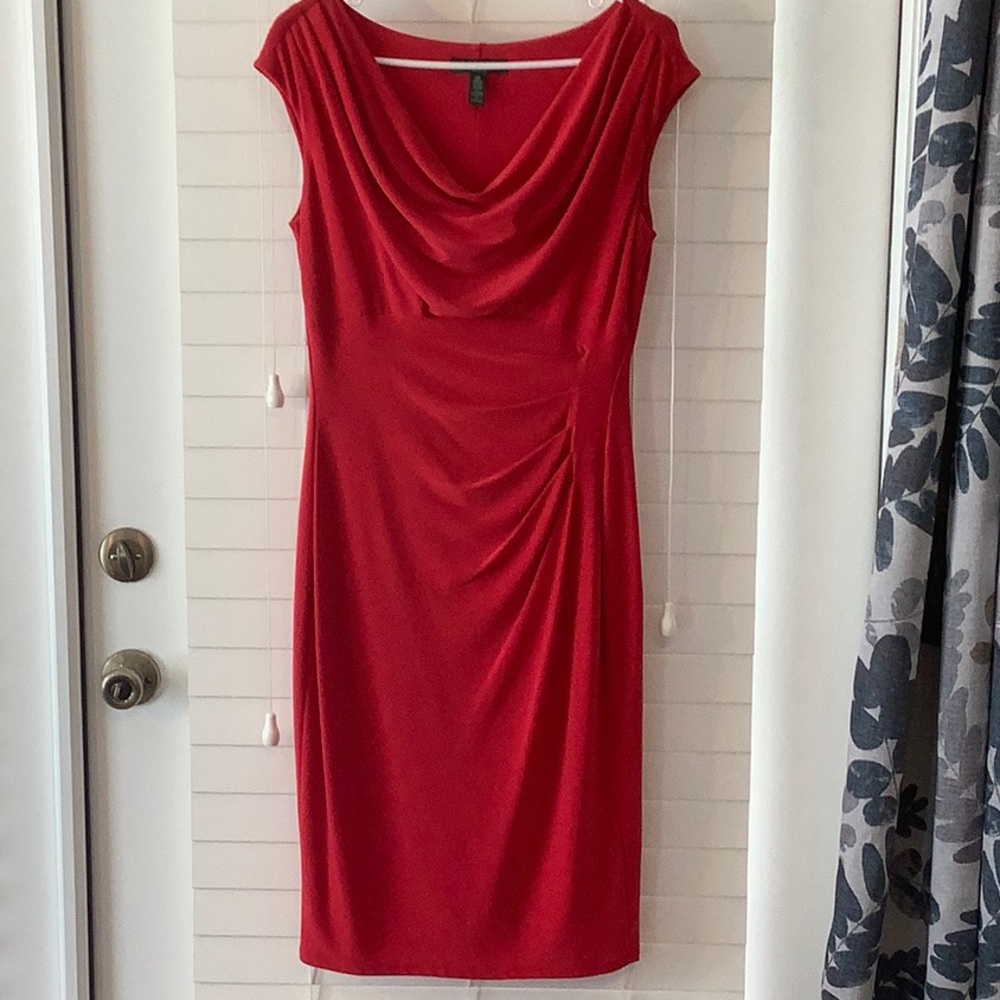 Ralph Lauren Drape Neck Size 10P Red Dress - Picture 2 of 9